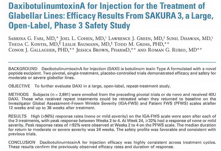 DaxibotulinumtoxinA efficacy study results for glabellar lines
