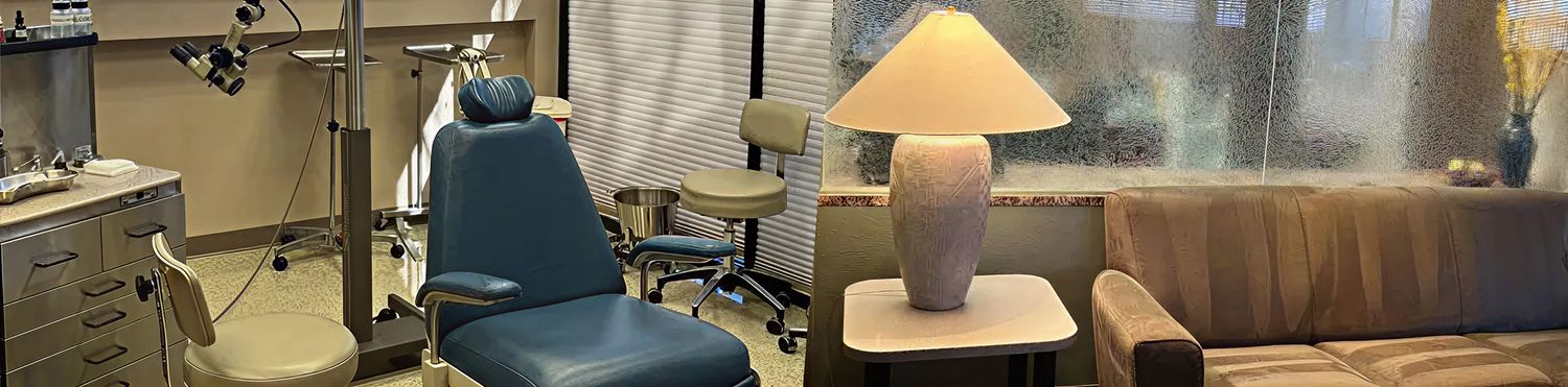 Medical office waiting area and exam room.