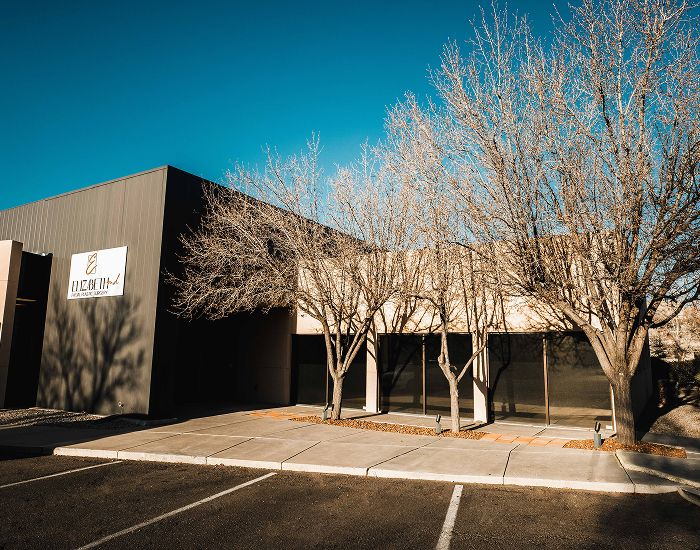 Modern building with bare trees and clear sky.